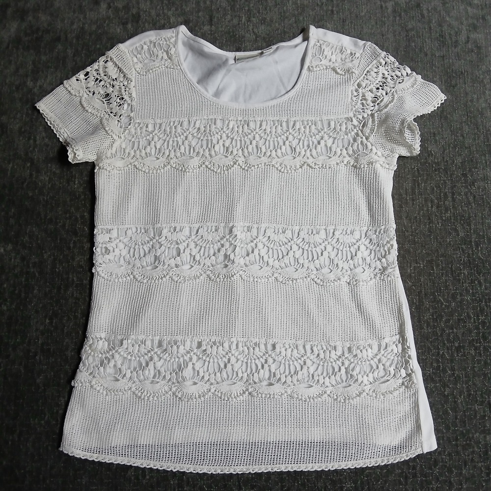 Kim Rogers White 100% Cotton Crochet Lace Short Sleeve Lined Shirt Size Small